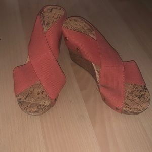 Pinkish/salmon colored cross over strap wedges